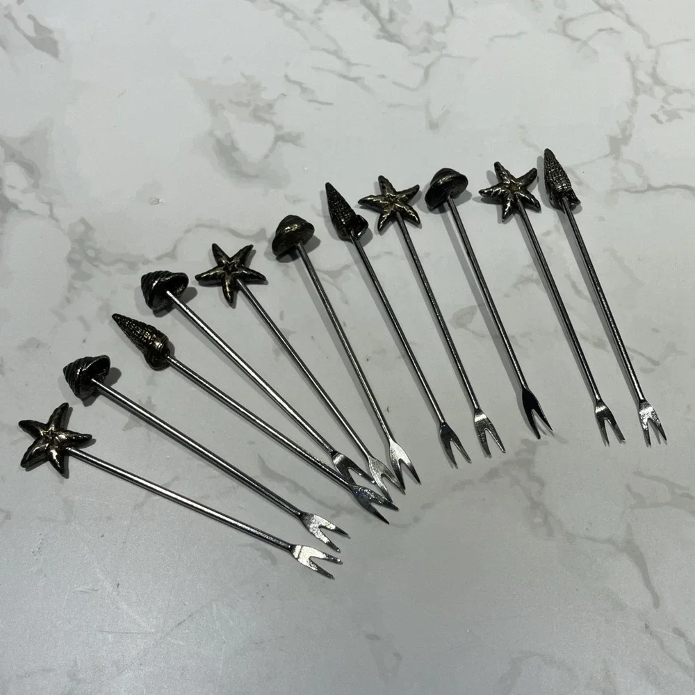 Pier 1 Silver Tone Seashells Cheese Hors D'oeuvre Appetizer Forks Picks Holder